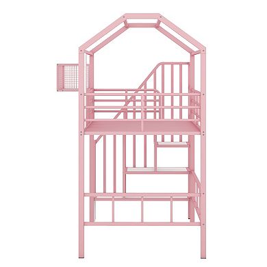 Trikiousd House Loft Bed Twin Metal Bed Frame with Roof Design & Storage Box for Kids, Teens