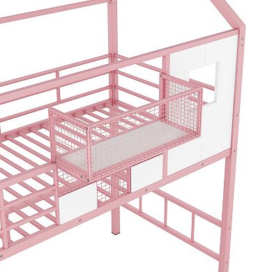 Trikiousd House Loft Bed Twin Metal Bed Frame with Roof Design & Storage Box for Kids, Teens
