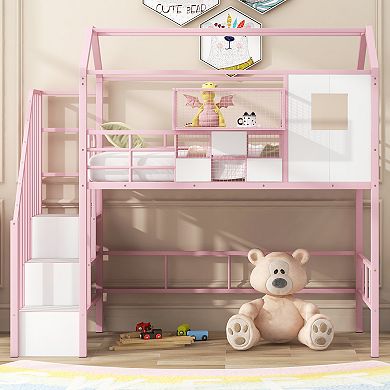 Trikiousd House Loft Bed Twin Metal Bed Frame with Roof Design & Storage Box for Kids, Teens