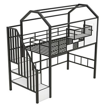 Trikiousd House Loft Bed Twin Metal Bed Frame with Roof Design & Storage Box for Kids, Teens
