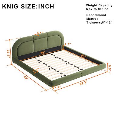 Trikiousd Modern King Size Curved Velvet Upholstered Low Profile Platform Bed w/ Rounded Headboard