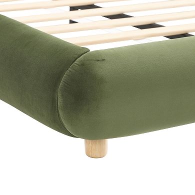 Trikiousd Modern King Size Curved Velvet Upholstered Low Profile Platform Bed w/ Rounded Headboard