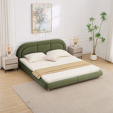 Trikiousd Modern King Size Curved Velvet Upholstered Low Profile Platform Bed w/ Rounded Headboard