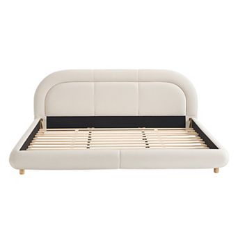 Trikiousd Modern King Size Curved Velvet Upholstered Low Profile Platform Bed w/ Rounded Headboard