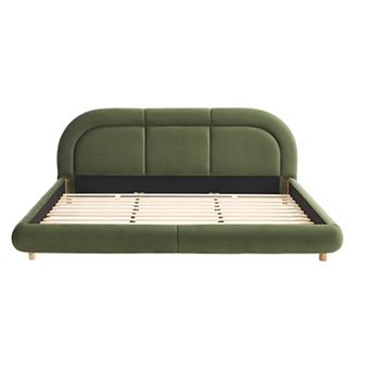Trikiousd Modern King Size Curved Velvet Upholstered Low Profile Platform Bed w/ Rounded Headboard