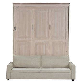 Trikiousd Queen Size LED Murphy Bed Folding Wall Bed w/ Sofa, Wood Hideaway Platform Bedframe