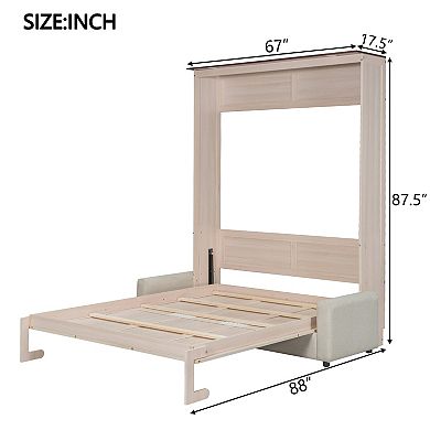 Trikiousd Queen Size LED Murphy Bed Folding Wall Bed w/ Sofa, Wood Hideaway Platform Bedframe
