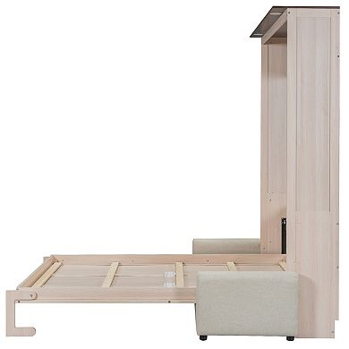 Trikiousd Queen Size LED Murphy Bed Folding Wall Bed w/ Sofa, Wood Hideaway Platform Bedframe