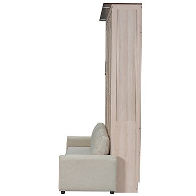 Trikiousd Queen Size LED Murphy Bed Folding Wall Bed w/ Sofa, Wood Hideaway Platform Bedframe