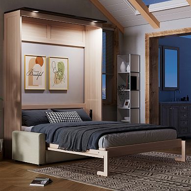 Trikiousd Queen Size LED Murphy Bed Folding Wall Bed w/ Sofa, Wood Hideaway Platform Bedframe