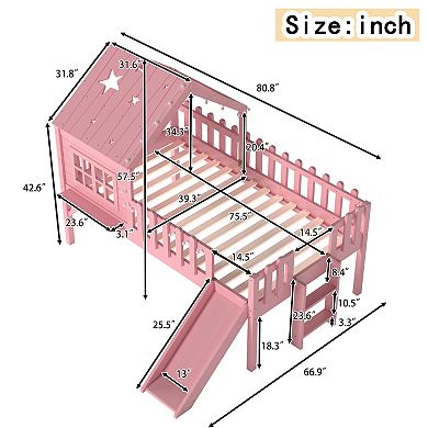 Trikiousd Kids Low Loft Bed with Slide, Playhouse Style Bed Frame with LED Lights Safety Guardrails