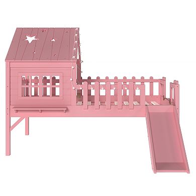 Trikiousd Kids Low Loft Bed with Slide, Playhouse Style Bed Frame with LED Lights Safety Guardrails