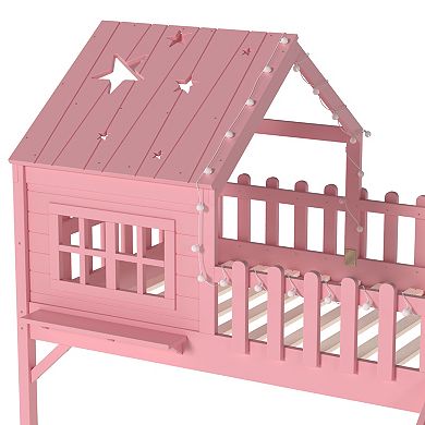 Trikiousd Kids Low Loft Bed with Slide, Playhouse Style Bed Frame with LED Lights Safety Guardrails