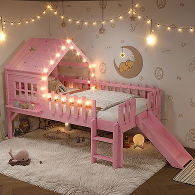 Trikiousd Kids Low Loft Bed with Slide, Playhouse Style Bed Frame with LED Lights Safety Guardrails