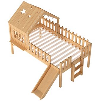 Trikiousd Kids Low Loft Bed with Slide, Playhouse Style Bed Frame with LED Lights Safety Guardrails