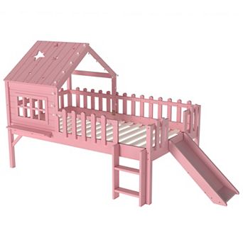 Trikiousd Kids Low Loft Bed with Slide, Playhouse Style Bed Frame with LED Lights Safety Guardrails