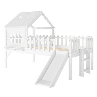 Trikiousd Kids Low Loft Bed with Slide, Playhouse Style Bed Frame with LED Lights Safety Guardrails