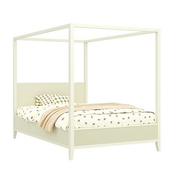 Trikiousd Canopy Bed Wooden Platform Bed Frame with Fluted Headboard & 4 Posters, Slats Support
