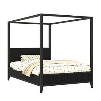 Trikiousd Canopy Bed Wooden Platform Bed Frame with Fluted Headboard & 4 Posters, Slats Support