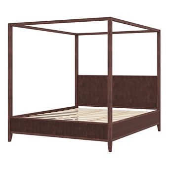 Trikiousd Canopy Bed Wooden Platform Bed Frame with Fluted Headboard & 4 Posters, Slats Support