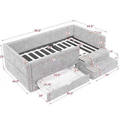 Trikiousd Kids Upholstery Bed Low-Profile Twin Size Bed Frame with Stairs, Drawer & Guardrails
