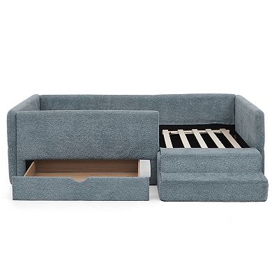 Trikiousd Kids Upholstery Bed Low-Profile Twin Size Bed Frame with Stairs, Drawer & Guardrails
