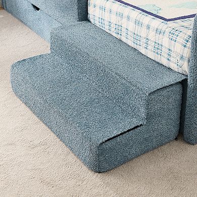 Trikiousd Kids Upholstery Bed Low-Profile Twin Size Bed Frame with Stairs, Drawer & Guardrails