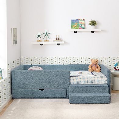 Trikiousd Kids Upholstery Bed Low-Profile Twin Size Bed Frame with Stairs, Drawer & Guardrails
