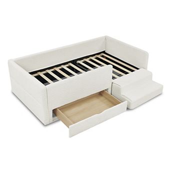 Trikiousd Kids Upholstery Bed Low-Profile Twin Size Bed Frame with Stairs, Drawer & Guardrails