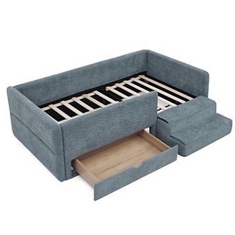 Trikiousd Kids Upholstery Bed Low-Profile Twin Size Bed Frame with Stairs, Drawer & Guardrails
