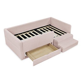 Trikiousd Kids Upholstery Bed Low-Profile Twin Size Bed Frame with Stairs, Drawer & Guardrails