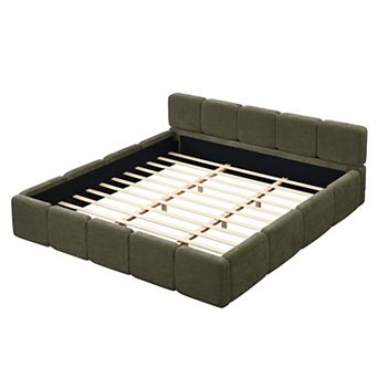 Trikiousd Boucle Platform Bed Block Style Upholstery Grounded Bed Frame with Thick Headboard