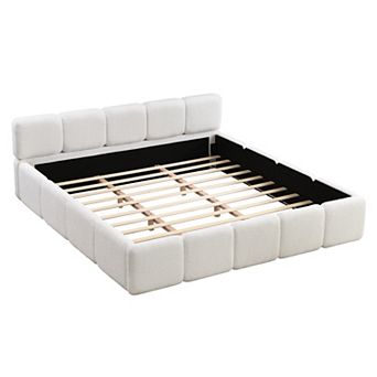 Trikiousd Boucle Platform Bed Block Style Upholstery Grounded Bed Frame with Thick Headboard
