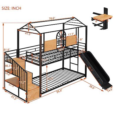 Trikiousd Twin Over Twin Metal Housebed Bunk Bed with Slide and Storage Stair