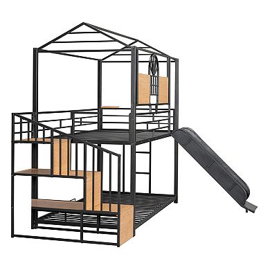 Trikiousd Twin Over Twin Metal Housebed Bunk Bed with Slide and Storage Stair