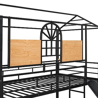 Trikiousd Twin Over Twin Metal Housebed Bunk Bed with Slide and Storage Stair