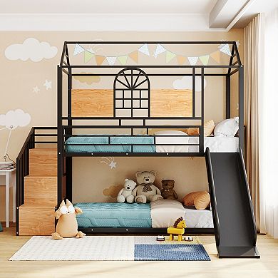 Trikiousd Twin Over Twin Metal Housebed Bunk Bed with Slide and Storage Stair