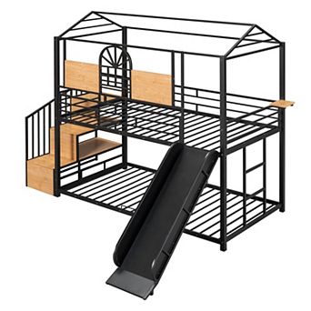 Trikiousd Twin Over Twin Metal Housebed Bunk Bed with Slide and Storage Stair