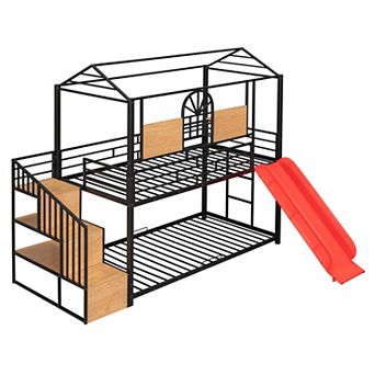 Trikiousd Twin Over Twin Metal Housebed Bunk Bed with Slide and Storage Stair