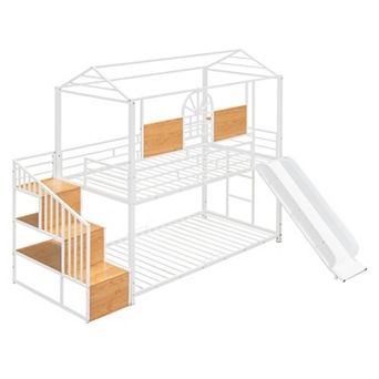 Trikiousd Twin Over Twin Metal Housebed Bunk Bed with Slide and Storage Stair