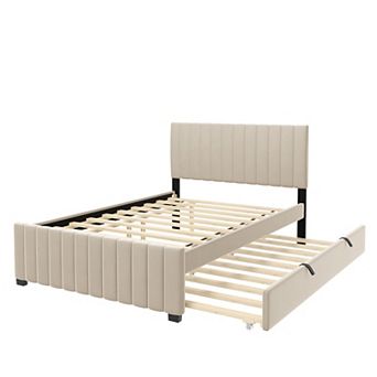 Trikiousd Low Profile Velvet Upholstered Bed Platform Bed with Pull Out Twin Trundle Bed