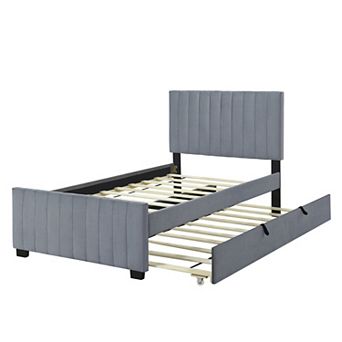 Trikiousd Low Profile Velvet Upholstered Bed Platform Bed with Pull Out Twin Trundle Bed