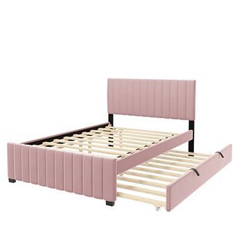 Trikiousd Low Profile Velvet Upholstered Bed Platform Bed with Pull Out Twin Trundle Bed