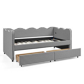 Trikiousd Gingham Daybed Wave Shaped Linen Upholstery Twin Size Sofa Bed w/ 2 Storage Drawers & USB