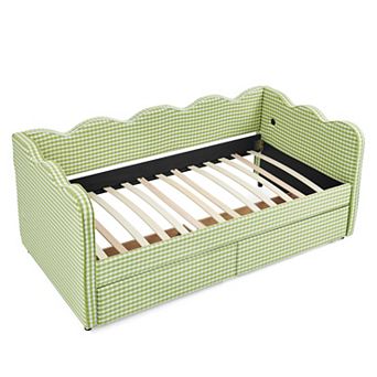 Trikiousd Gingham Daybed Wave Shaped Linen Upholstery Twin Size Sofa Bed w/ 2 Storage Drawers & USB