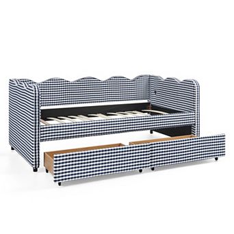 Trikiousd Gingham Daybed Wave Shaped Linen Upholstery Twin Size Sofa Bed w/ 2 Storage Drawers & USB