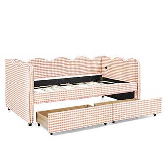 Trikiousd Gingham Daybed Wave Shaped Linen Upholstery Twin Size Sofa Bed w/ 2 Storage Drawers & USB