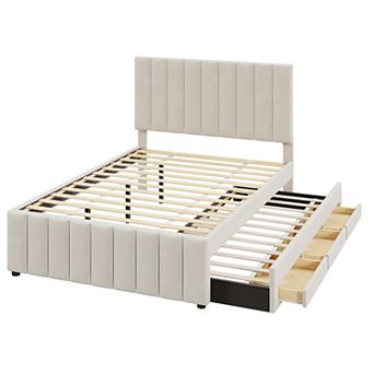 Trikiousd Tufted Upholstered Platform Bed with Tall Stripe Headboard, Trundle & 3 Storage Drawers