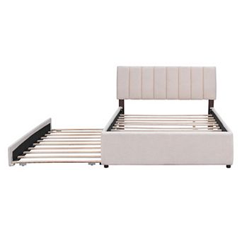 Trikiousd Upholstered Bed Frame Teddy Fleece Platform Bed w/LED Light & Trundle,Wooden Slats Support