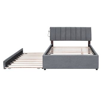 Trikiousd Upholstered Bed Frame Teddy Fleece Platform Bed w/LED Light & Trundle,Wooden Slats Support